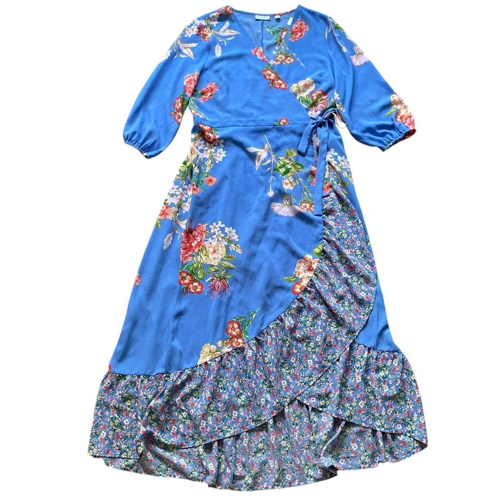 Wrap High Low Floral Dress Size L Blue Ruffled Romantic Cottage Feminine - Picture 2 of 12